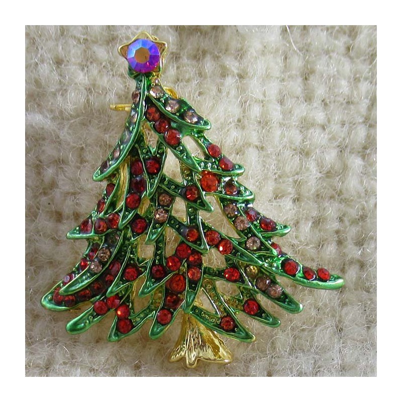 Brosche Tannenbaum grün-goldfarben plattiert, Emaille mit Strass.