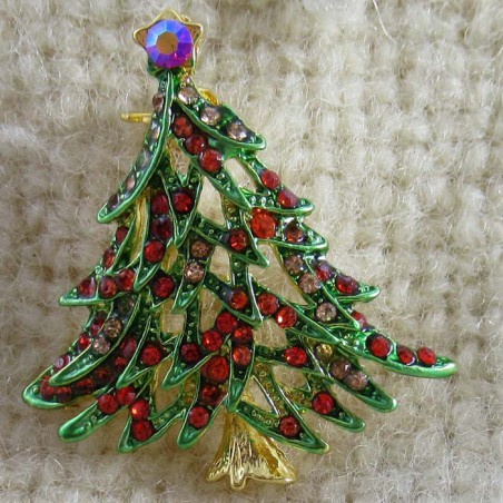 Brosche Tannenbaum grün-goldfarben plattiert, Emaille mit Strass.