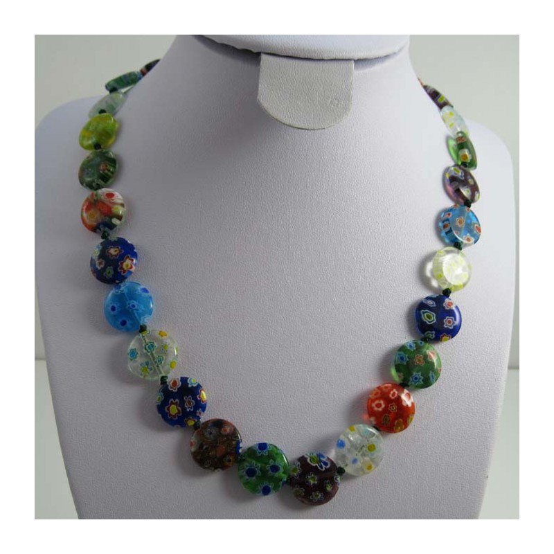 Muranoglas flache Runde, Mille Fiori Lampwork Halskette, Messing Federring