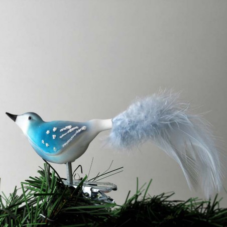 Glasvogel, kleiner Vogel, weiss-türkis-grau, mit Naturfedern