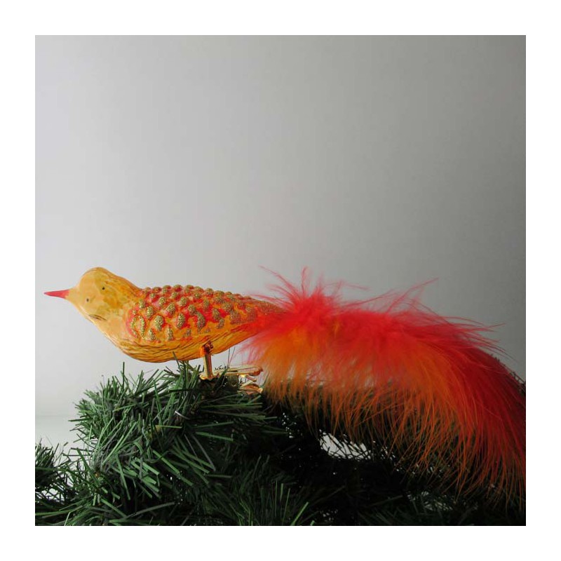 Glasvogel gross mit Waffelmuster orange,  mit Naturfedern