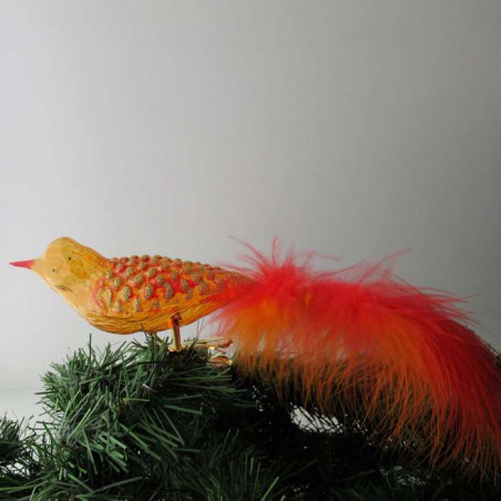 Glasvogel gross mit Waffelmuster orange,  mit Naturfedern