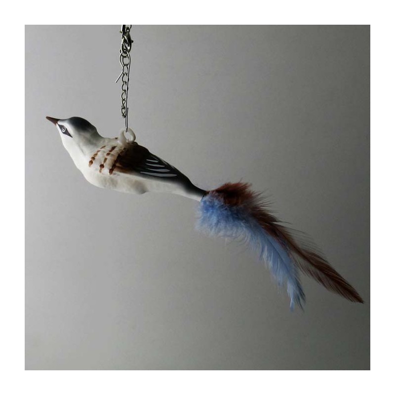 Glasvogel, kleiner Vogel mit Glas öse, grau-braun und Naturfedern zum haengen