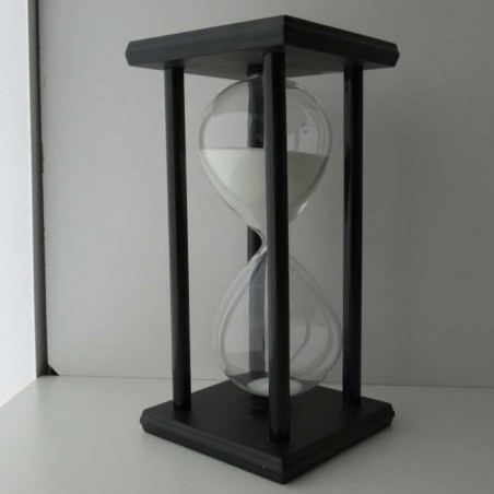 Sanduhr 60 Min. 20 cm Weiss, Holzgestell Schwarz viereckig mit 4 Saeulen