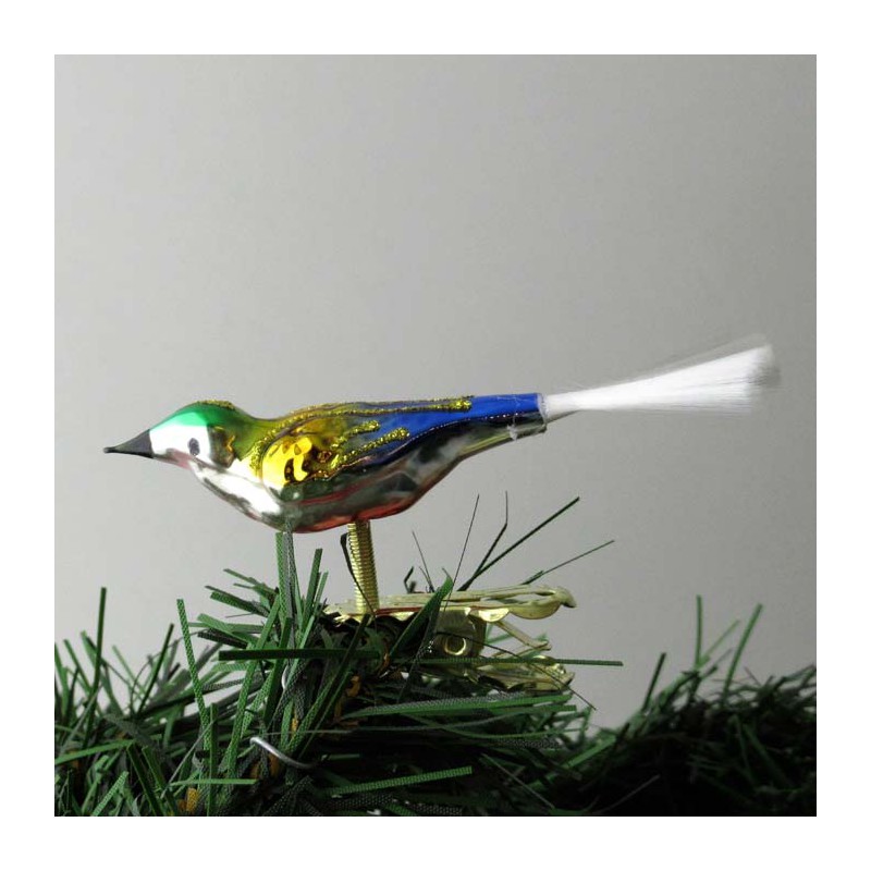Glasvogel, mini-Vogel, grün-gelb-blau, mit Glasfaser Schwanz
