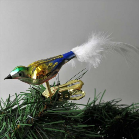 Glasvogel, mini-Vogel, grün-gelb-blau, Feder weiss,