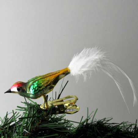 Glasvogel, mini-Vogel, rot grün gelb,  mit Naturfedern weiss,