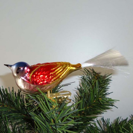 Glasvogel, mit gedrehten Kopf rot-gold-silber-blau mit Glasfaser Schwanz