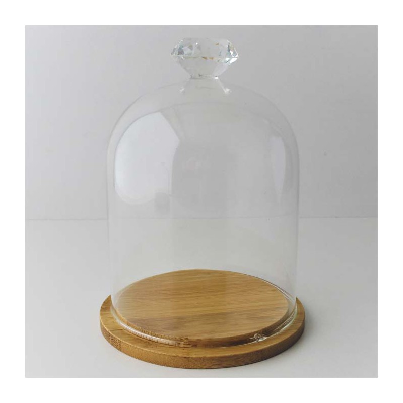 Glas Dom 135mm Glocke Knauf Diamant mit Holz Sockel