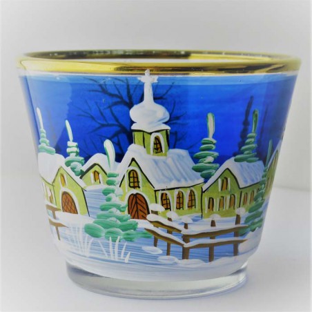Glas Windlicht 75mm konisch Winter Kirche blau mit Goldrand