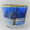 Glas Windlicht 75mm konisch Winter Kirche blau mit Goldrand