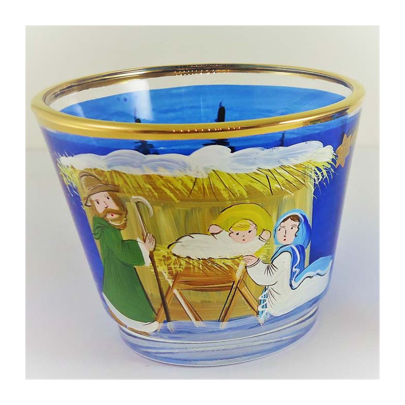 Glas Windlicht 75mm blau mit Hl.Familie und Goldrand