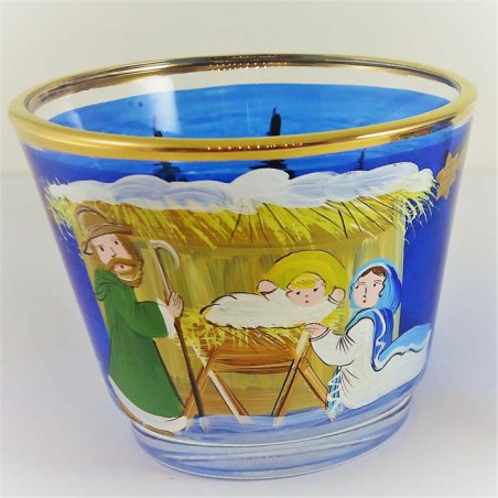 Glas Windlicht 75mm blau mit Hl.Familie und Goldrand