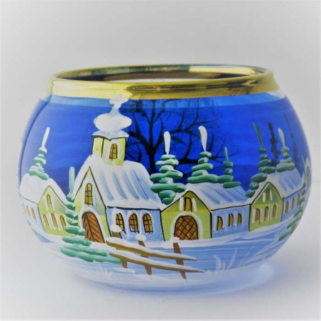 Glas Windlicht 80mm blau bauchig  Winter Kirche mit Goldrand