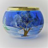 Glas Windlicht 80mm blau bauchig  Winter Kirche mit Goldrand