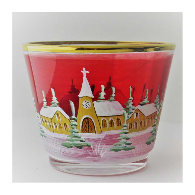 Glas Windlicht 75mm rot konisch Winter Kirche  mit Goldrand sortiert