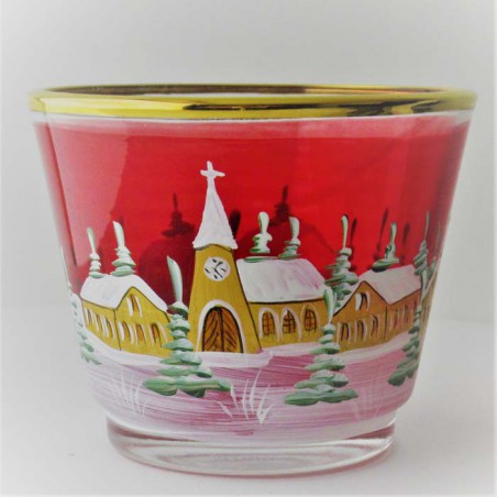 Glas Windlicht 75mm rot konisch Winter Kirche  mit Goldrand sortiert