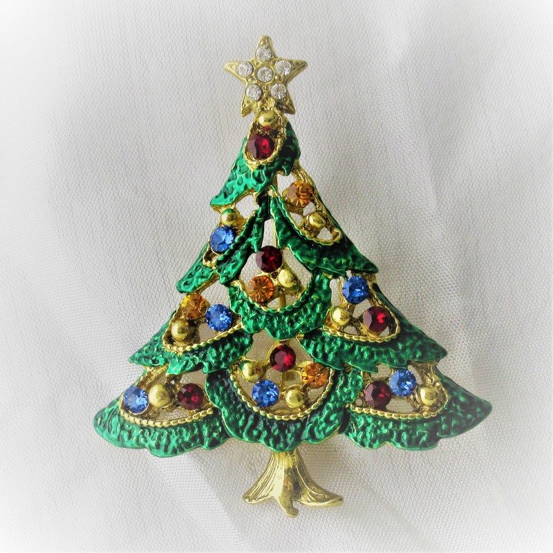 Tannenbaumbrosche, 5.8 cm mit Swarovski Steinen bunt