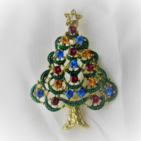 Tannenbaumbrosche 6cm mit Swarovski Steinen bunt