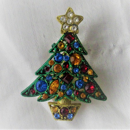 Tannenbaumbrosche 4.2 cm grün-gold, mit Swarovski Steinen bunt