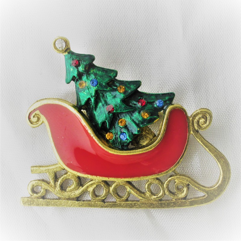 Weihnacht Schlittenbrosche 4.5cm gold-rot-grün, mit Swarovski Steinen bunt
