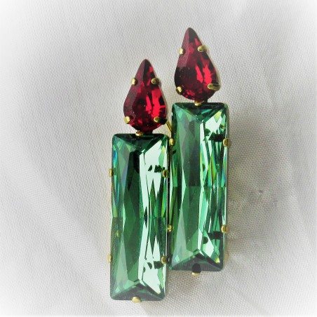 Kerzen Brosche 5cm mit Swarovski Steinen grün-rot